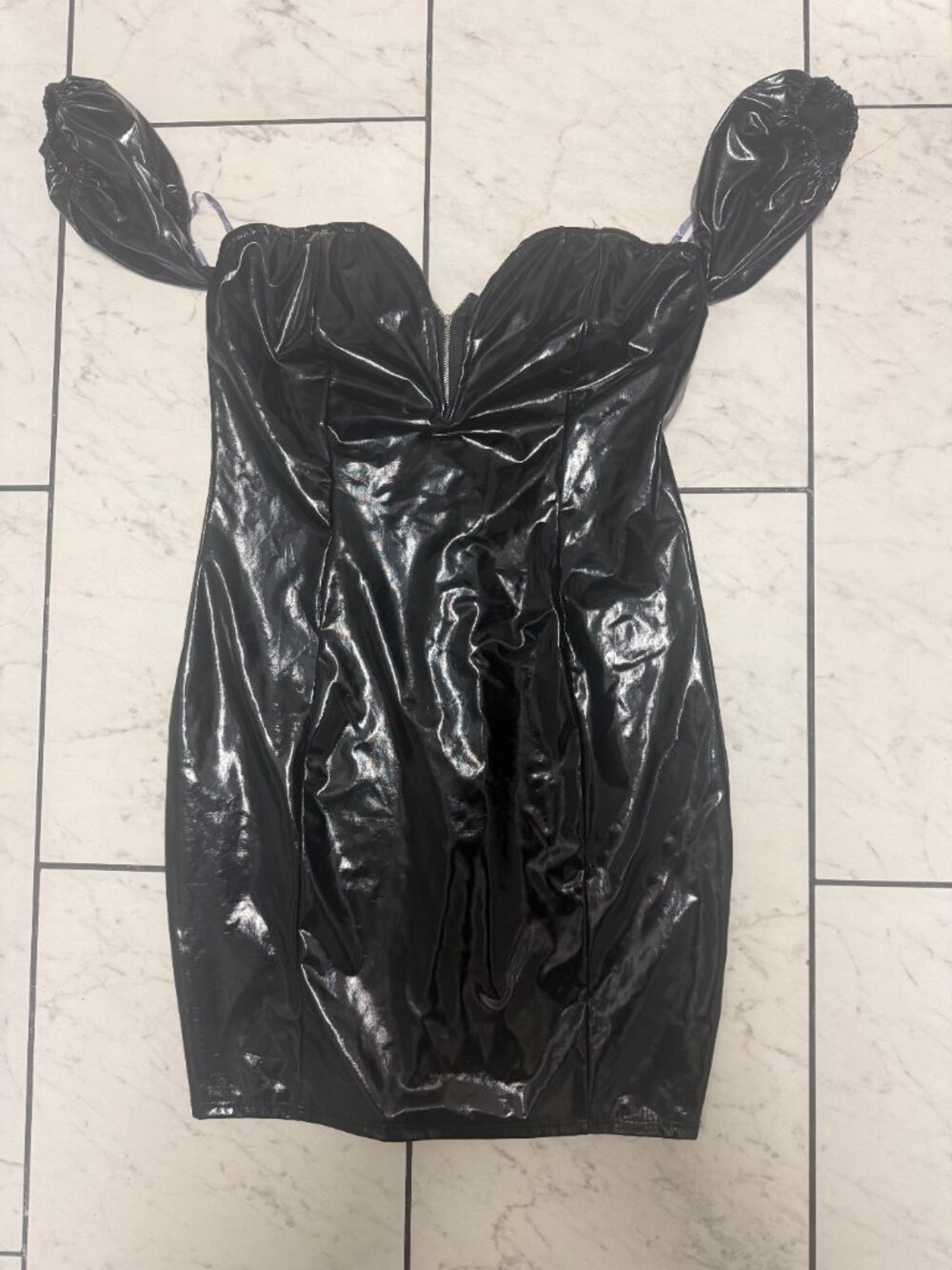 Fashion Nova black faux latex mini dress, sweetheart zip + balloon sleeves XL